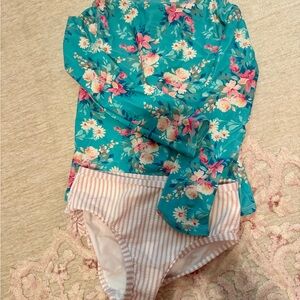 Ruffle Butts Floral Teal Long Sleeve Rash Guard with Pink Striped Bottoms